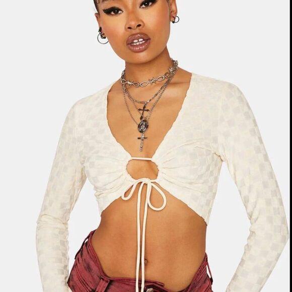 Pretty Garbage Checkered Drawstring Crop Top – Off White – Size Medium – EUC - Picture 2 of 4
